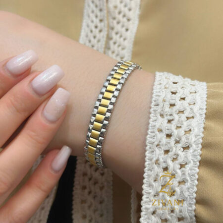 دستبند رولکس زنانه نقره دو رنگ عریض