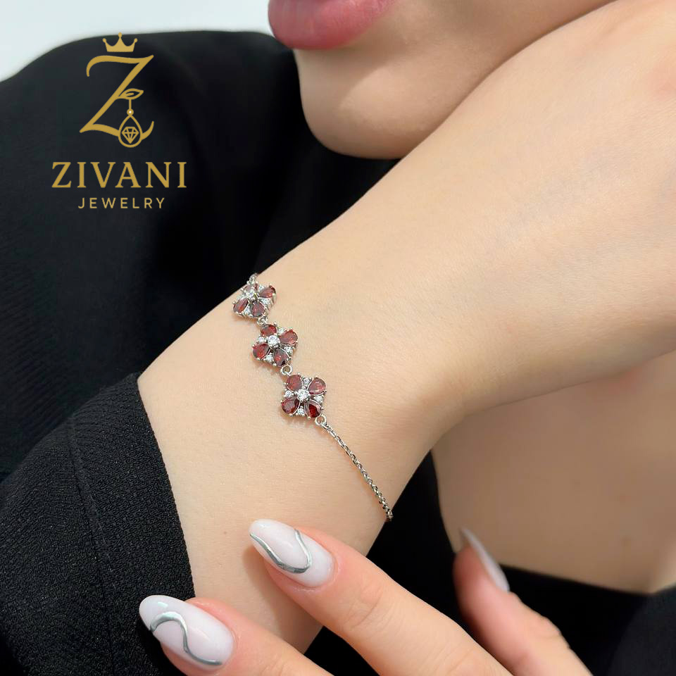 دستبند نقره زنانه فلاور نگین قرمز