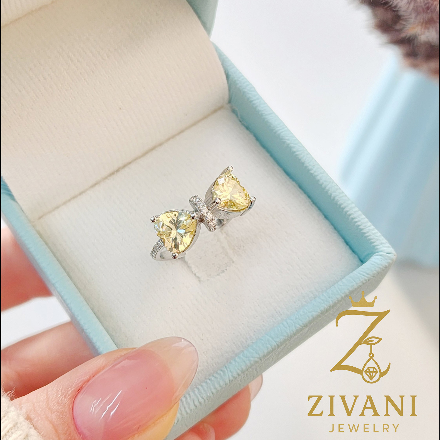 انگشتر نقره زنانه پاپیون نگین زرد