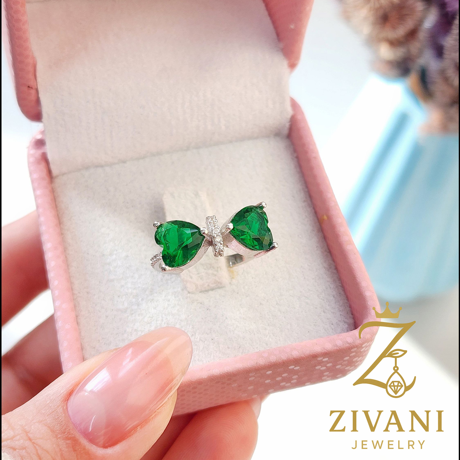 انگشتر نقره زنانه پاپیون نگین سبز