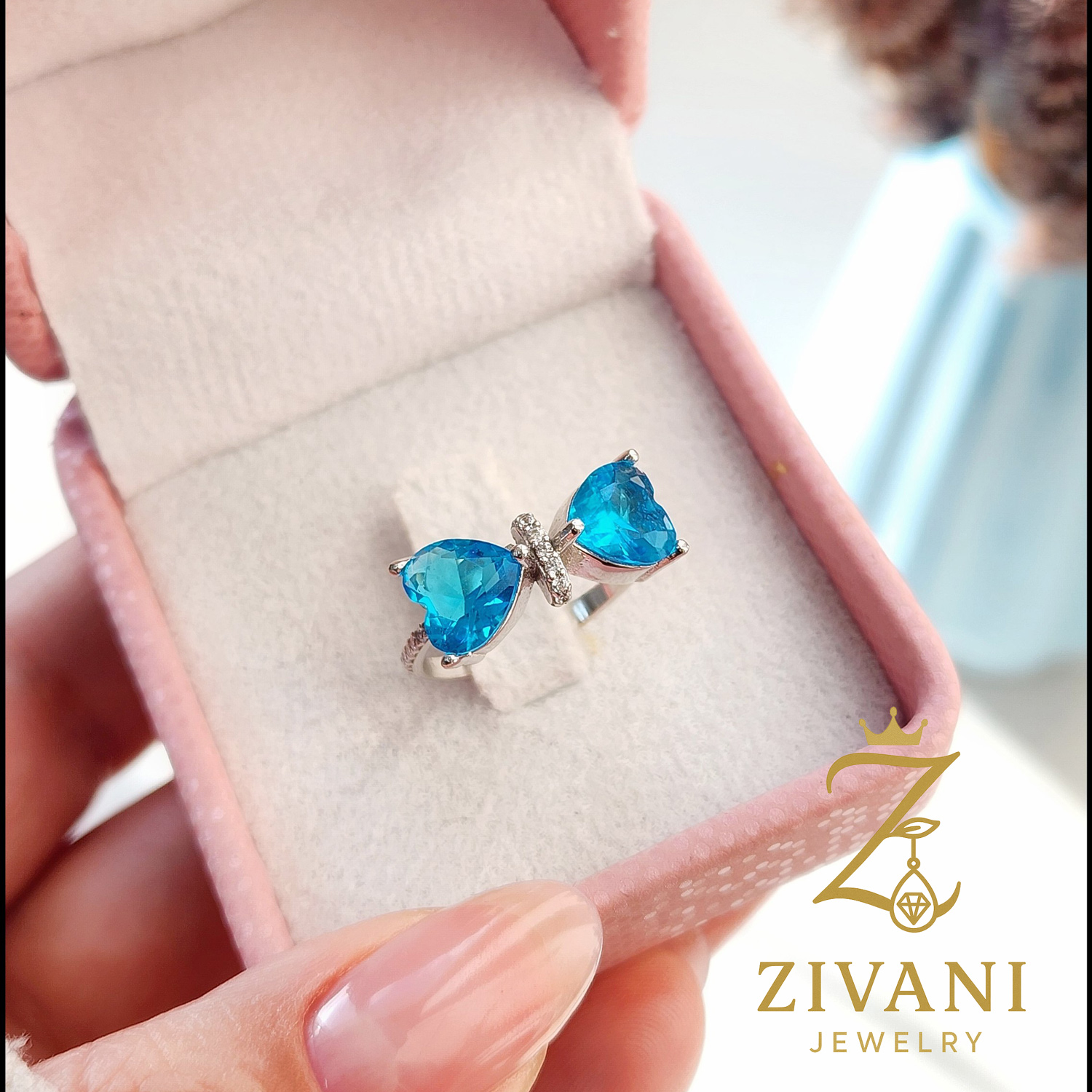 انگشتر نقره زنانه پاپیون نگین آبی فیروزه ای