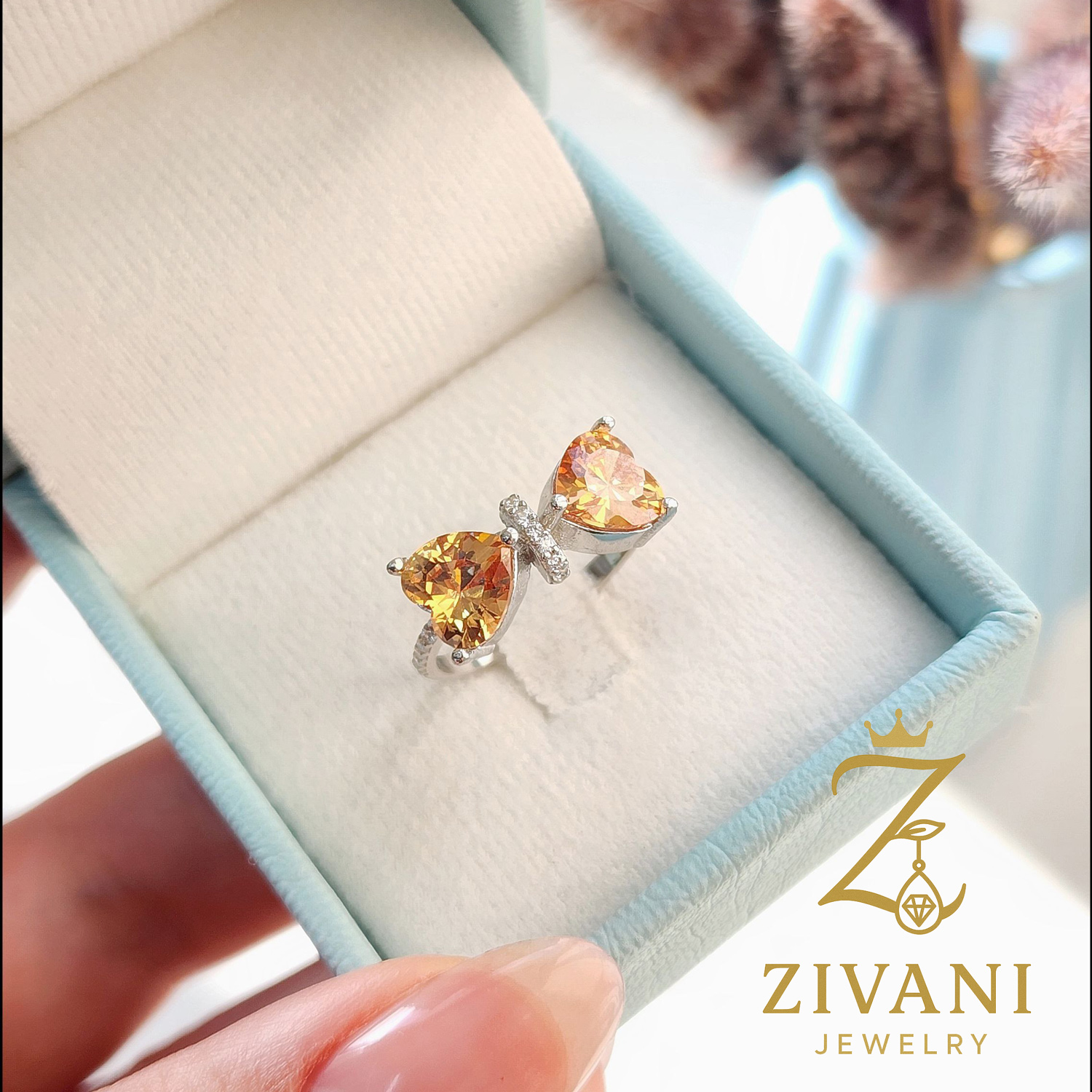 انگشتر نقره زنانه پاپیون نگین شامپاینی