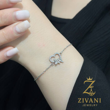 دستبند نقره زنانه قلب و پروانه خاص عیار 925 زنجیری