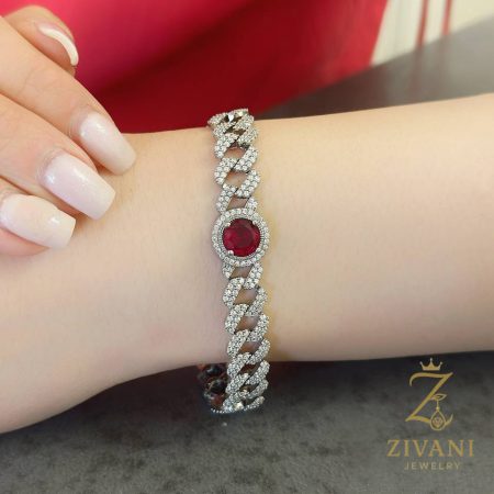 دستبند نقره زنانه کارتیه نگین داره مجلسی پر نگین با نگین وسط قرمز گرد