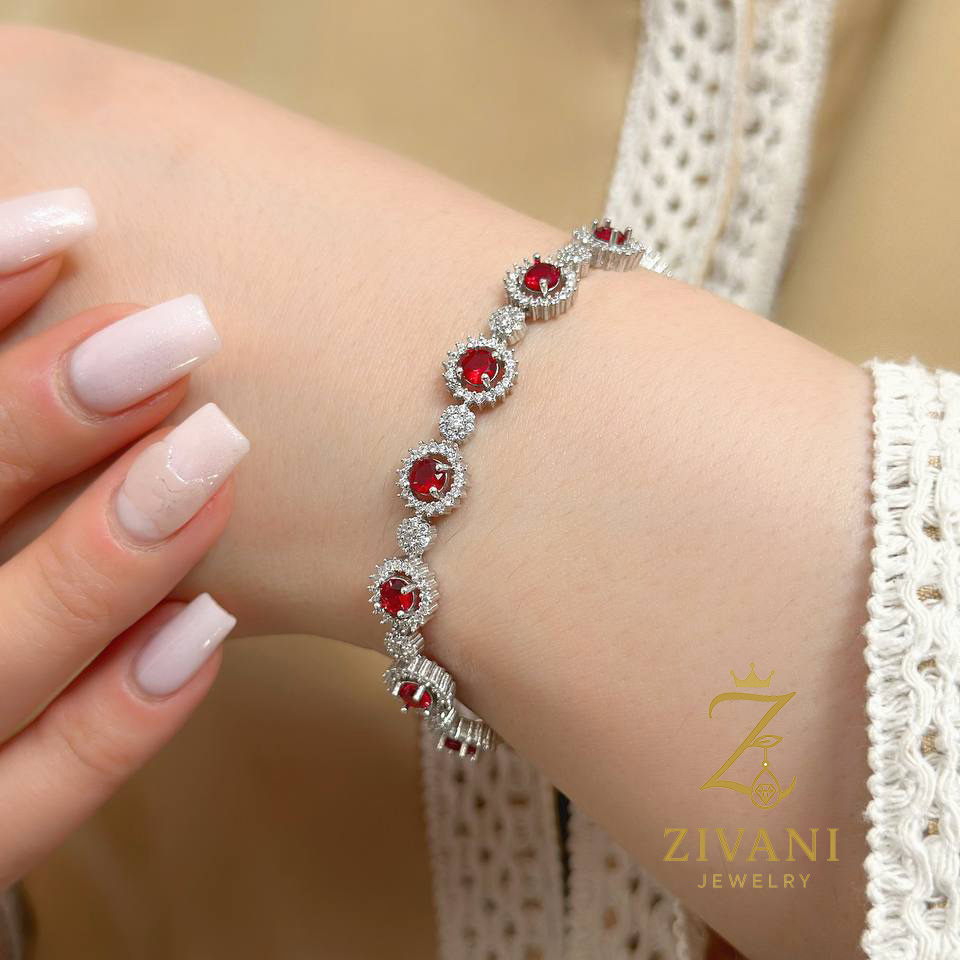 دستبند نقره زنانه فلاور و نگین قرمز بند ساعتی