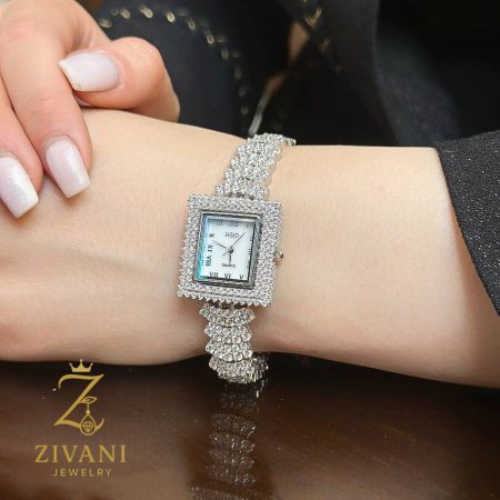 ساعت نقره زنانه جواهری مستطیلی