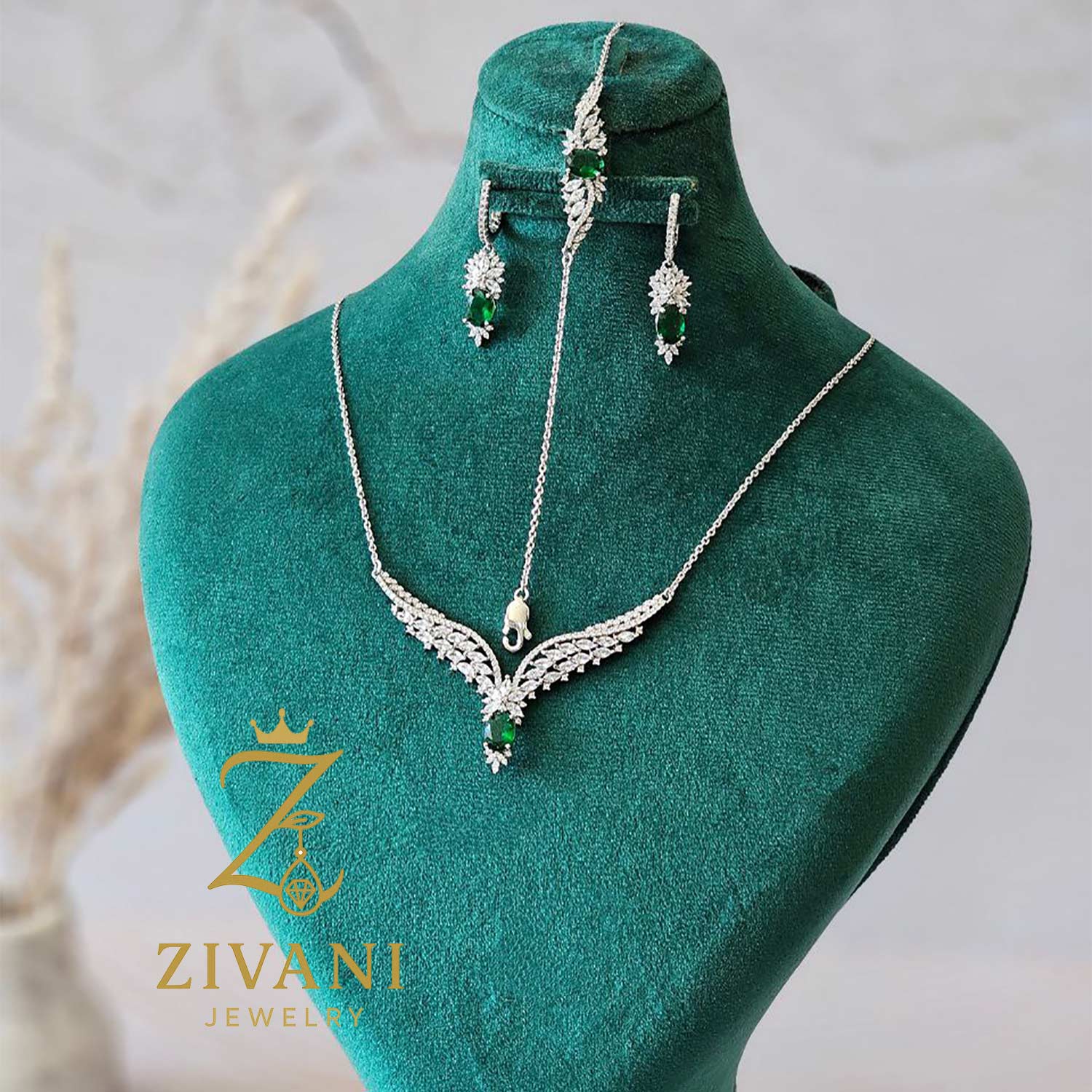 سرویس نقره زنانه جواهری نگین سبز