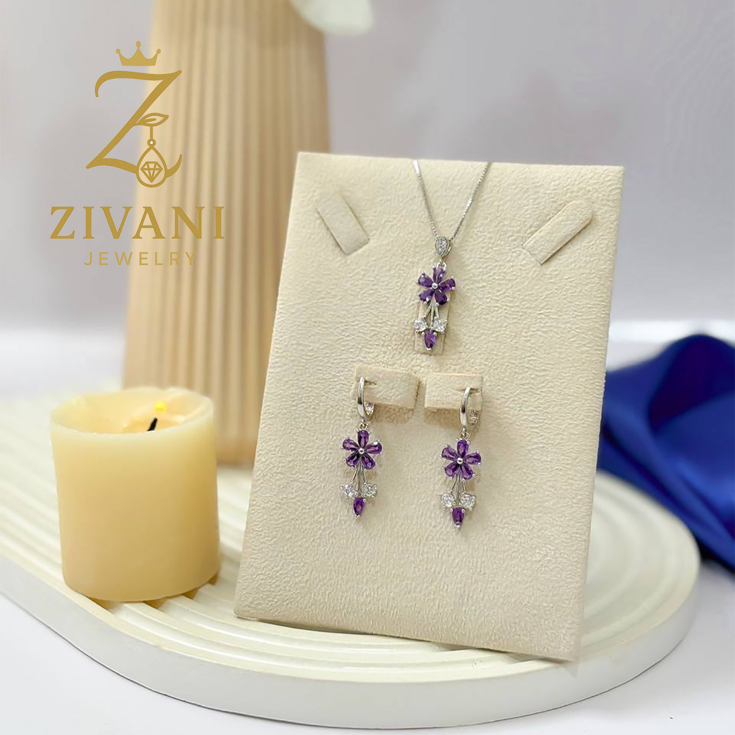 نیم ست نقره دخترانه گل بنفش