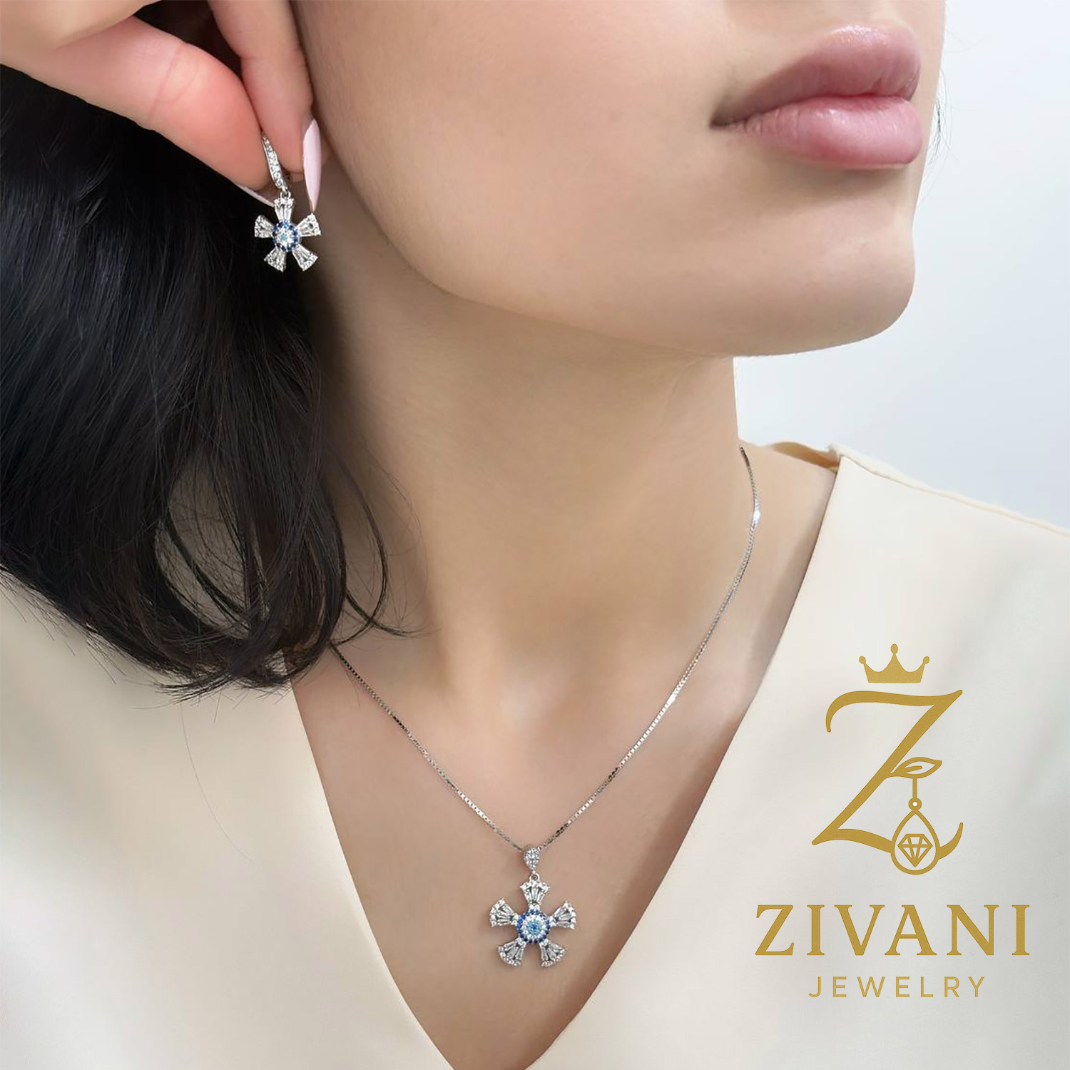 نیم ست نقره زنانه مدل گل و چشم نظر