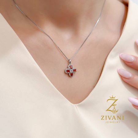 گردنبند نقره زنانه گل قرمز zi-ne-16 عیار 925 ظریف و خاص
