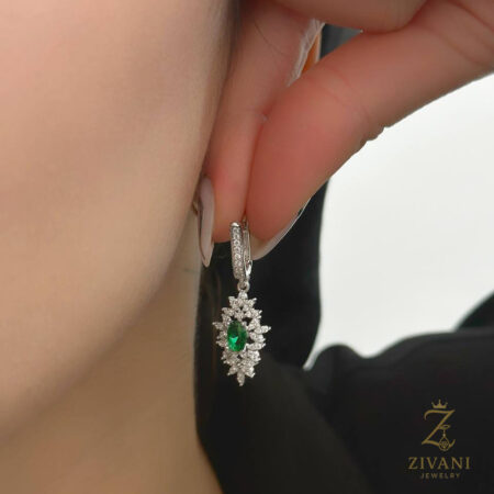 گوشواره نقره زنانه آویزی نگین سبز عیار 925