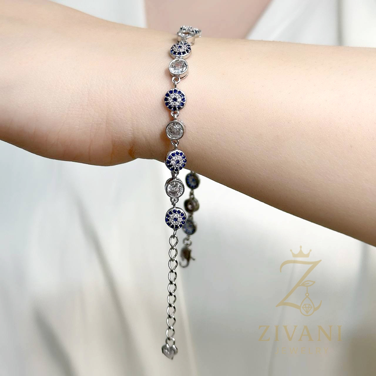 دستبند نقره زنانه چشم نظر zi-b-60 با زنجیر اضافه
