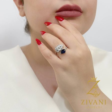 انگشتر نقره زنانه مارکیز نگین رنگی عیار 925 آّبی
