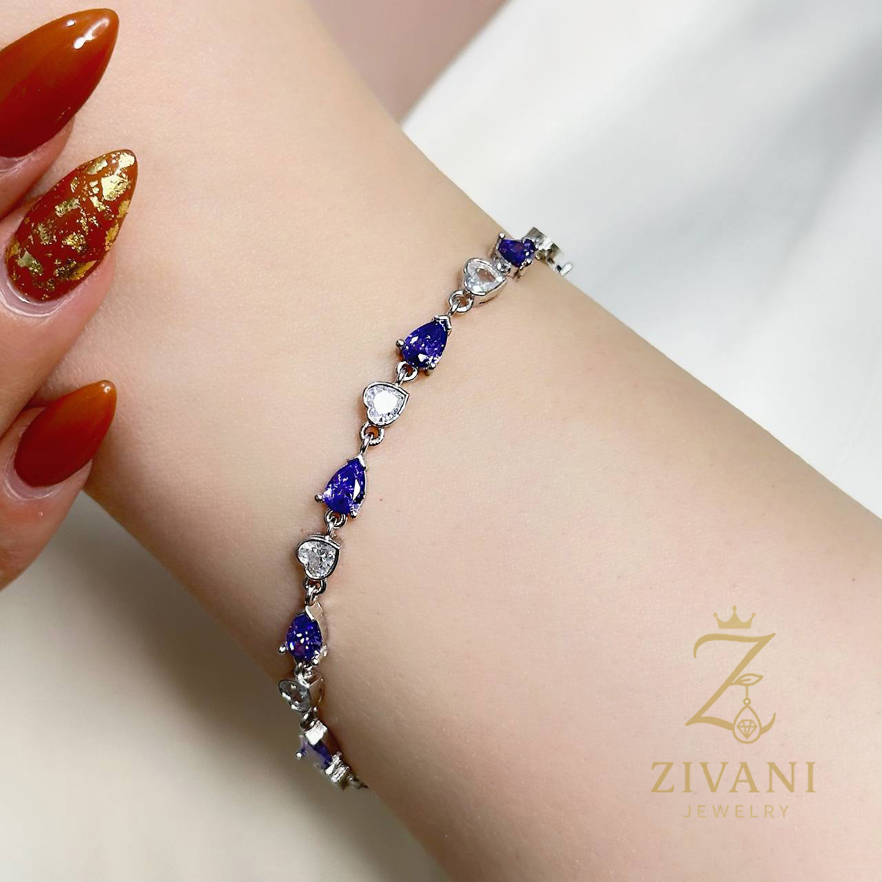 دستبند نقره زنانه قلب و اشک zi-b-64 رنگ بنفش