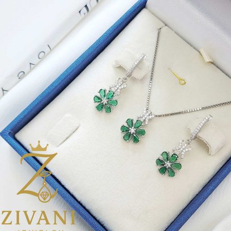 نیم ست نقره دخترانه گل نگین سبز