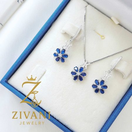 نیم ست نقره دخترانه گل نگین آبی