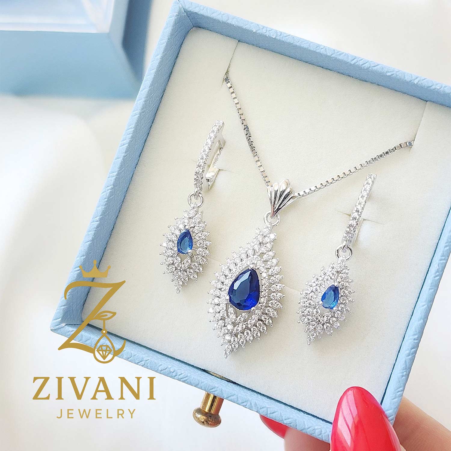 نیم ست نقره زنانه جواهری نگین آبی