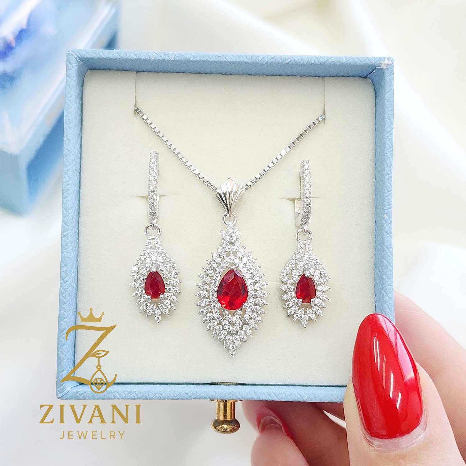 نیم ست نقره زنانه جواهری نگین قرمز