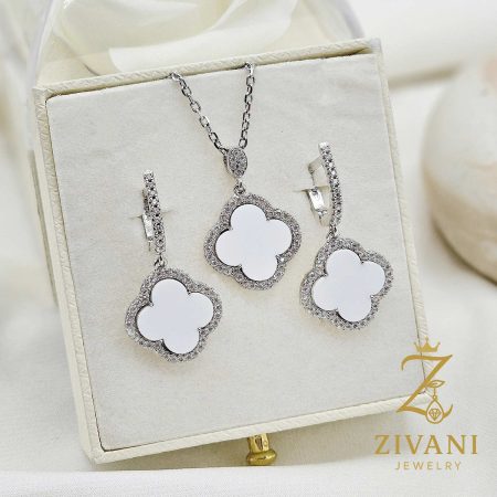 نیم ست نقره زنانه ونکلیف سفید صدفی