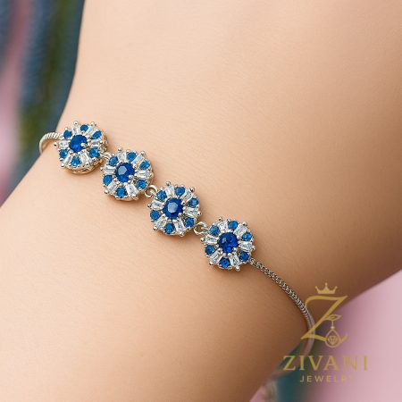 دستبند نقره زنانه آسانسوری zi-b-73 نگین آبی و سفید طرح گل
