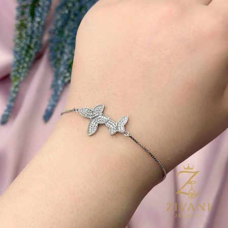 دستبند-نقره-زنانه-آسانسوری-پروانه-zi-b-74 روی دست