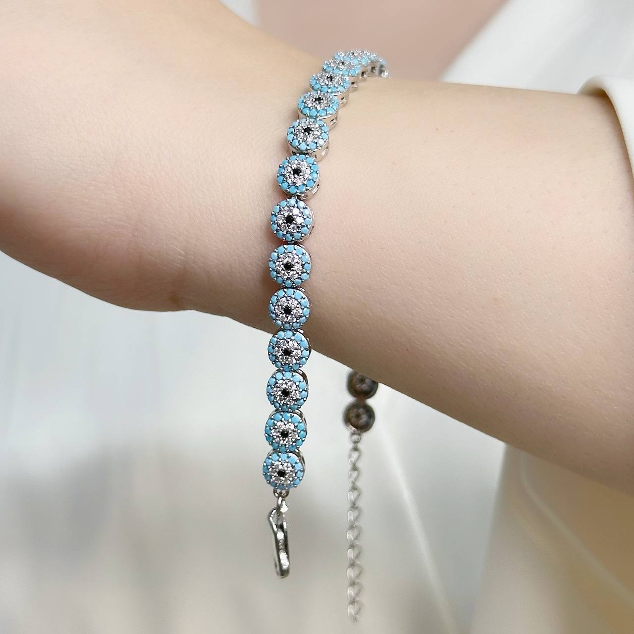 دستبند نقره زنانه چشم نظر فیروزه ای zi-b-68 عکس از طول