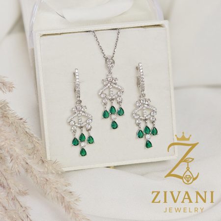 نیم ست نقره زنانه جواهری نگین سبز